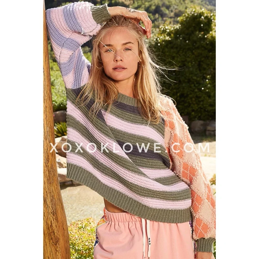 POL Olive Pink Stripped Balloon Sleeve Sweater Relaxed Fit - Picture 8 of 13